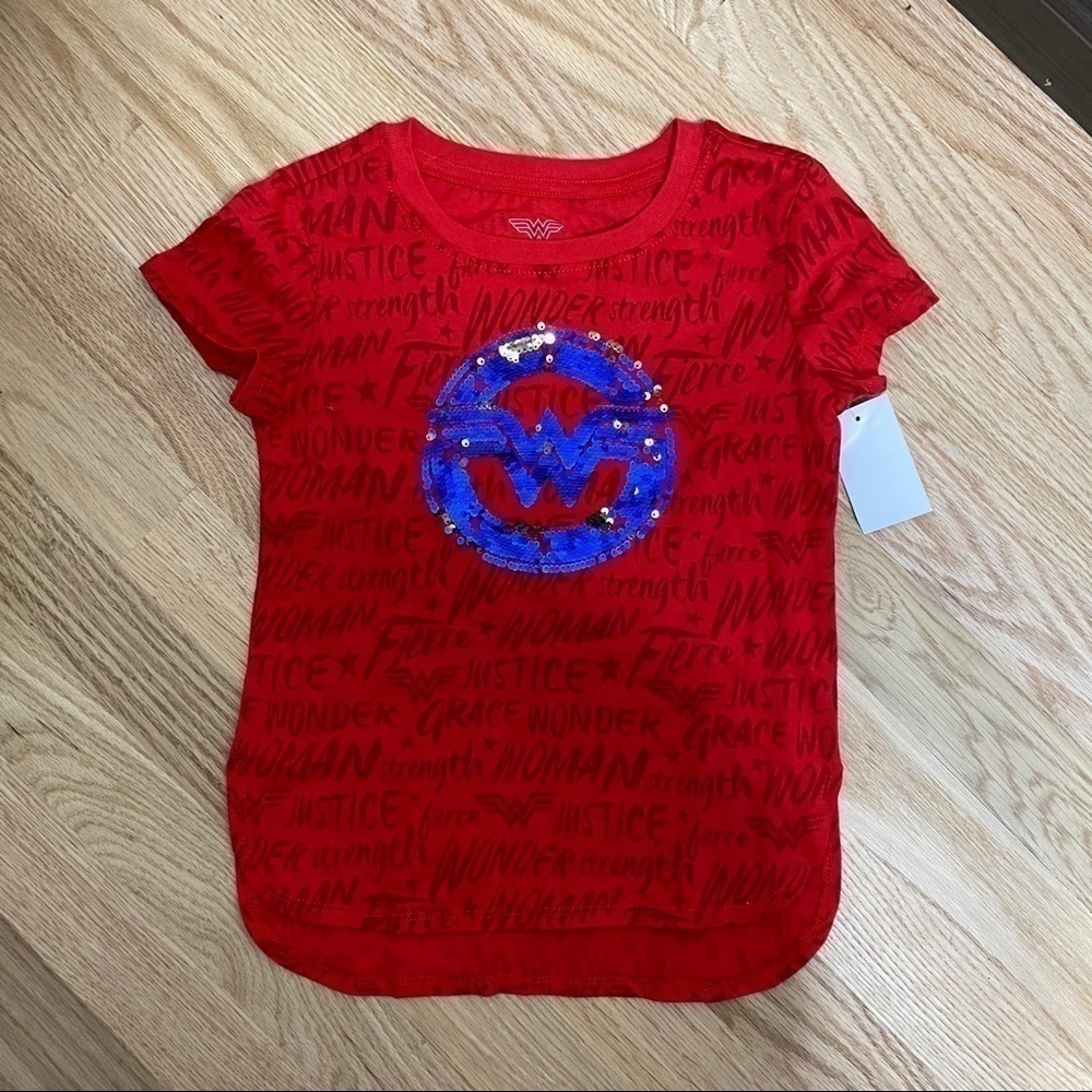 Wonder Woman Sequin Short Sleeve T-shirt NWT XS Kids Toddler Girls Red Blue